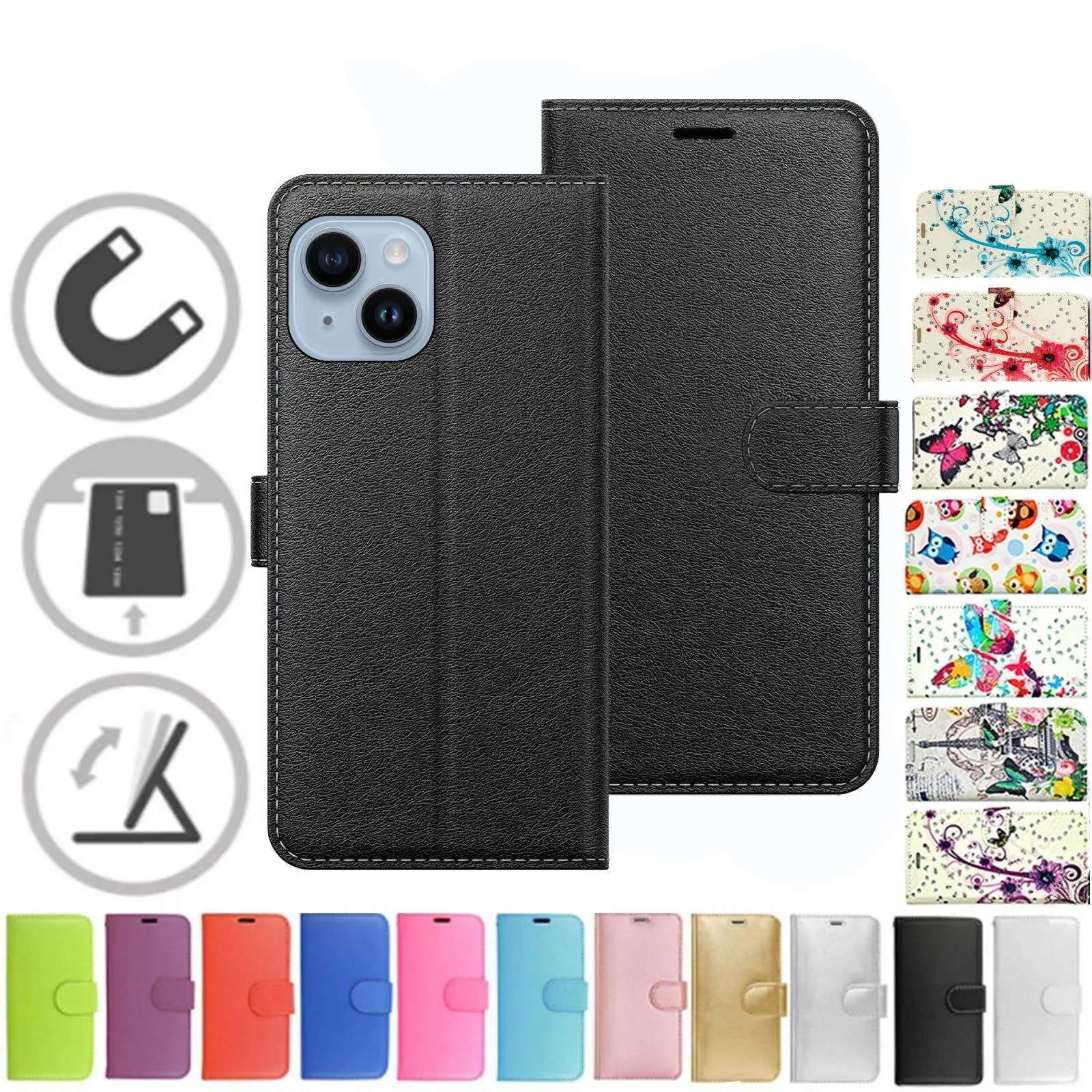 For Apple iPhone 15 Case Cover Flip Folio Leather Wallet Credit Card Slot Stand