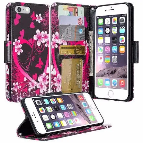 For Apple iPhone 7 Case,  Wrist Strap Pu Leather Magnetic Flip Fold[Kickstand] Wallet Case with ID & Card Slots for Iphone 7 - Flower Hearts