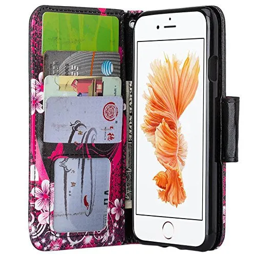 For Apple iPhone 7 Case,  Wrist Strap Pu Leather Magnetic Flip Fold[Kickstand] Wallet Case with ID & Card Slots for Iphone 7 - Flower Hearts