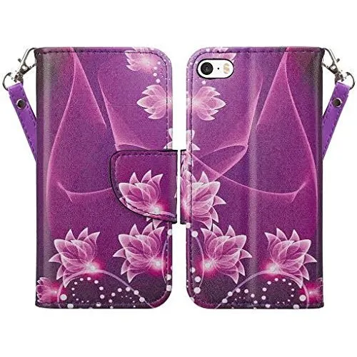 For iPhone SE Case | iPhone 5S/5 Case, Wrist Strap Pu Leather Magnetic Fold Wallet Case[Kickstand] with ID & Card Slots for Apple Iphone SE/5S/5 - Purple Lotus