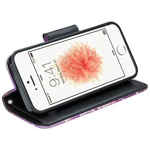 For iPhone SE Case | iPhone 5S/5 Case, Wrist Strap Pu Leather Magnetic Fold Wallet Case[Kickstand] with ID & Card Slots for Apple Iphone SE/5S/5 - Purple Lotus