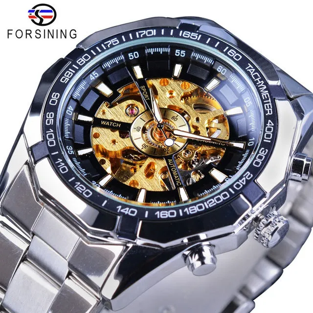 Forsining 2017 Silver Stainless Steel Waterproof Military Sport Casual Mechanical Watch