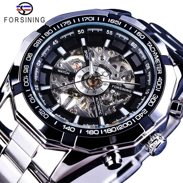 Forsining 2017 Silver Stainless Steel Waterproof Military Sport Casual Mechanical Watch