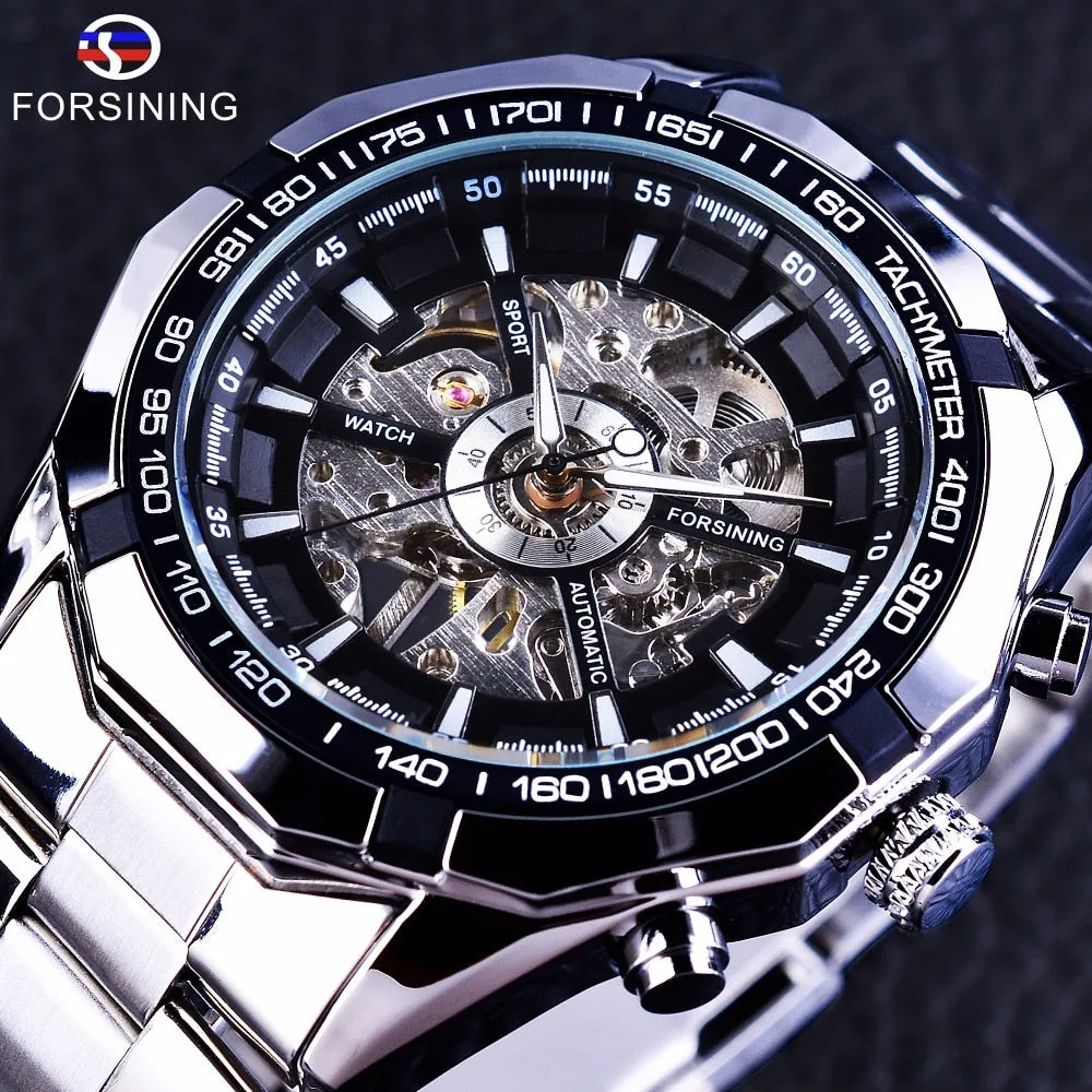 Forsining 2017 Silver Stainless Steel Waterproof Military Sport Casual Mechanical Watch