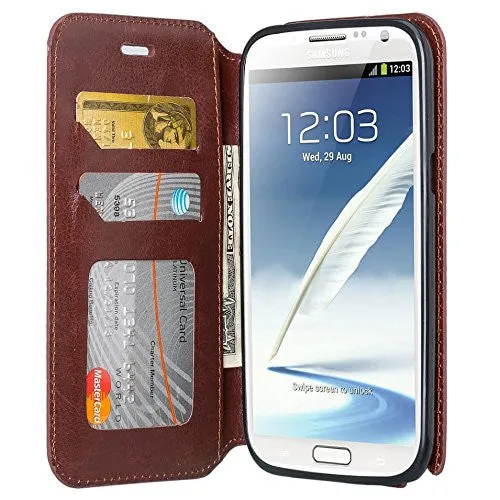 Galaxy Note 2 Case, Pu Leather Magnetic Fold[Kickstand] Wallet Case with ID & Card Slots for Samsung Galaxy Note 2 - Brown