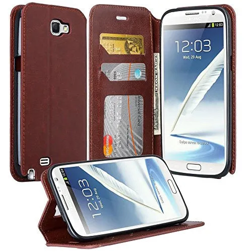 Galaxy Note 2 Case, Pu Leather Magnetic Fold[Kickstand] Wallet Case with ID & Card Slots for Samsung Galaxy Note 2 - Brown