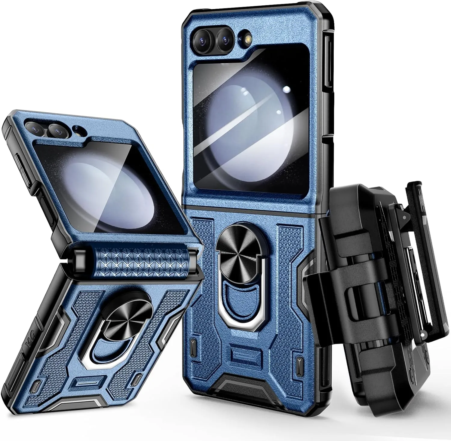 Galaxy Z Flip 5 Case Stand, 360°Ring Magnetic Ring Kickstand & Belt Clip Holster & Camera Screen Protector