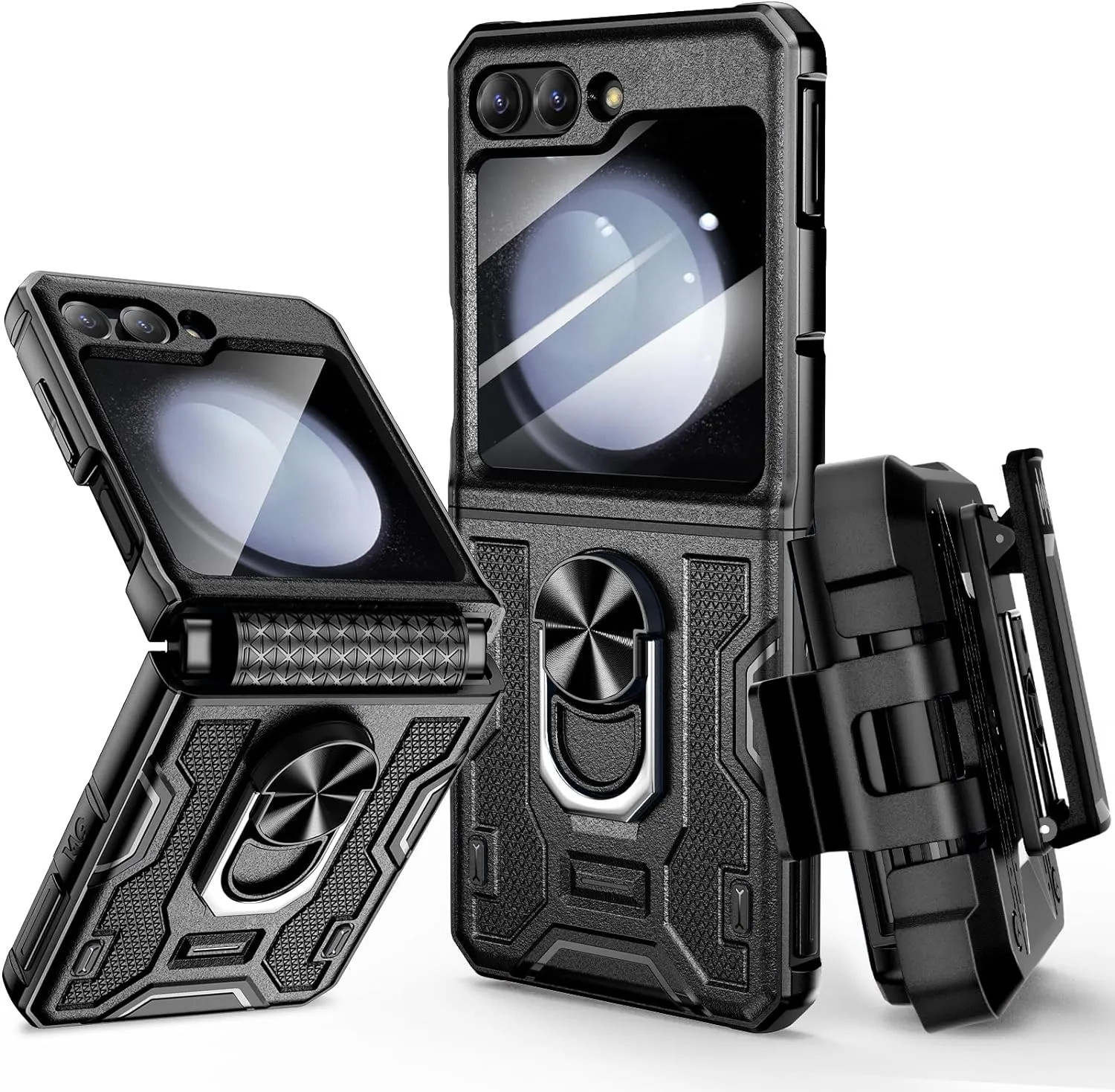 Galaxy Z Flip 5 Case Stand, 360°Ring Magnetic Ring Kickstand & Belt Clip Holster & Camera Screen Protector