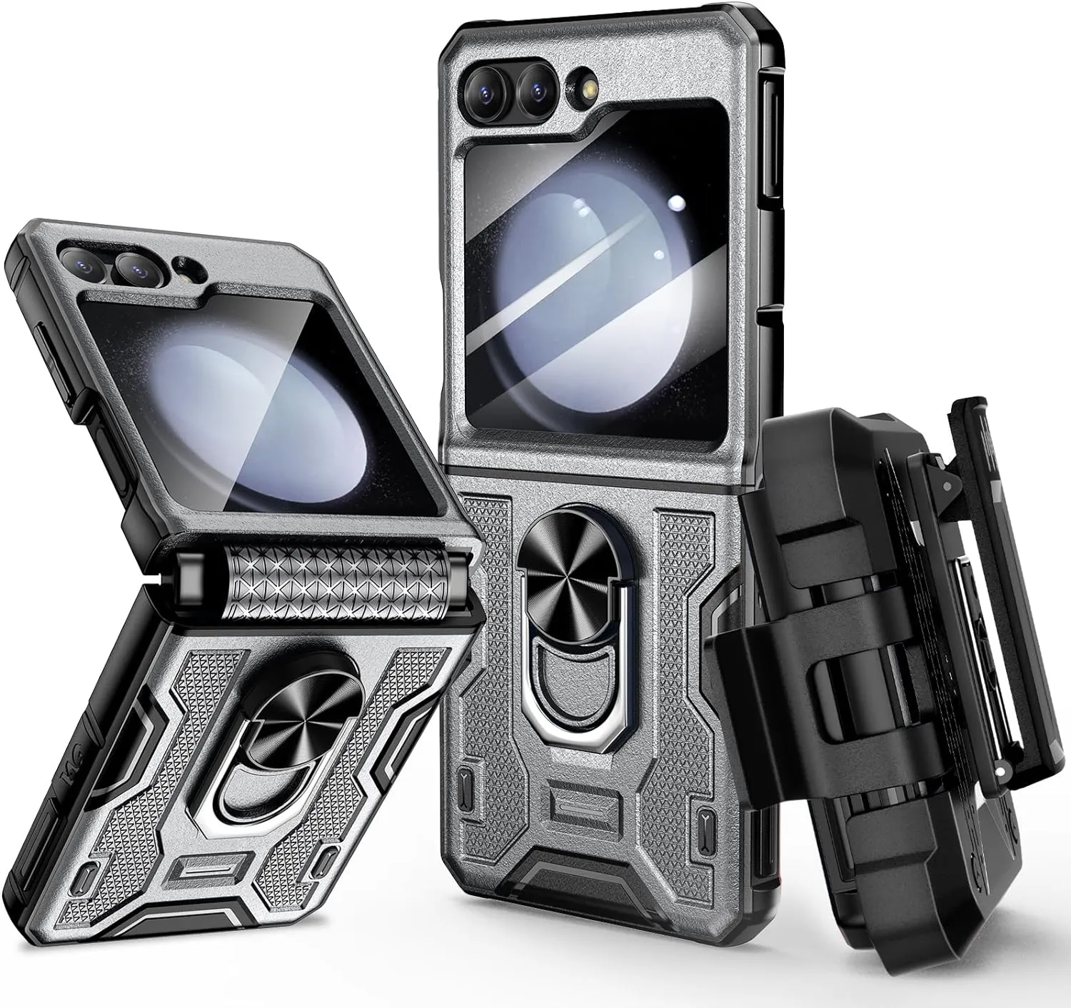 Galaxy Z Flip 5 Case Stand, 360°Ring Magnetic Ring Kickstand & Belt Clip Holster & Camera Screen Protector