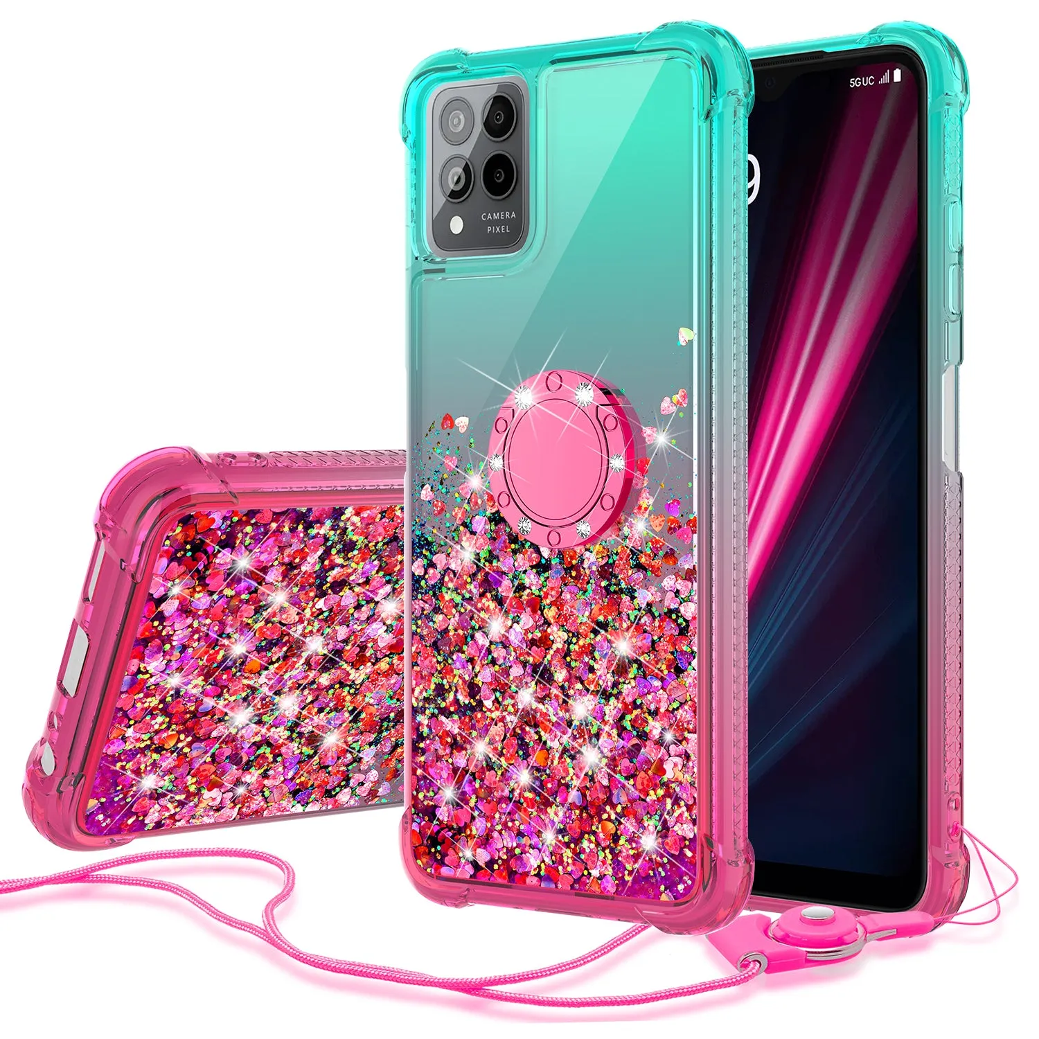 Glitter Phone Case Kickstand Compatible for T-Mobile Revvl 6 Pro 5G Case, Revvl 6 Pro 5G Case,Ring Stand Liquid Floating Quicksand Bling Sparkle Protective Girls Women for T-Mobile Revvl 6 Pro 5G W/Temper Glass - (Pink/Teal Gradient)