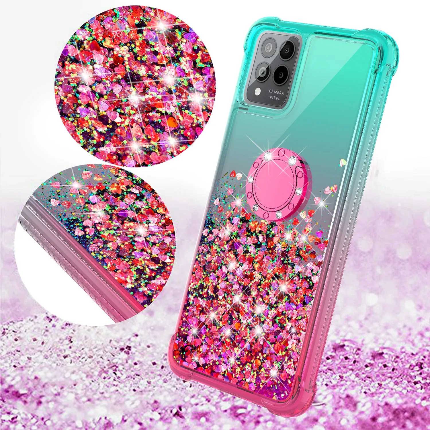 Glitter Phone Case Kickstand Compatible for T-Mobile Revvl 6 Pro 5G Case, Revvl 6 Pro 5G Case,Ring Stand Liquid Floating Quicksand Bling Sparkle Protective Girls Women for T-Mobile Revvl 6 Pro 5G W/Temper Glass - (Pink/Teal Gradient)