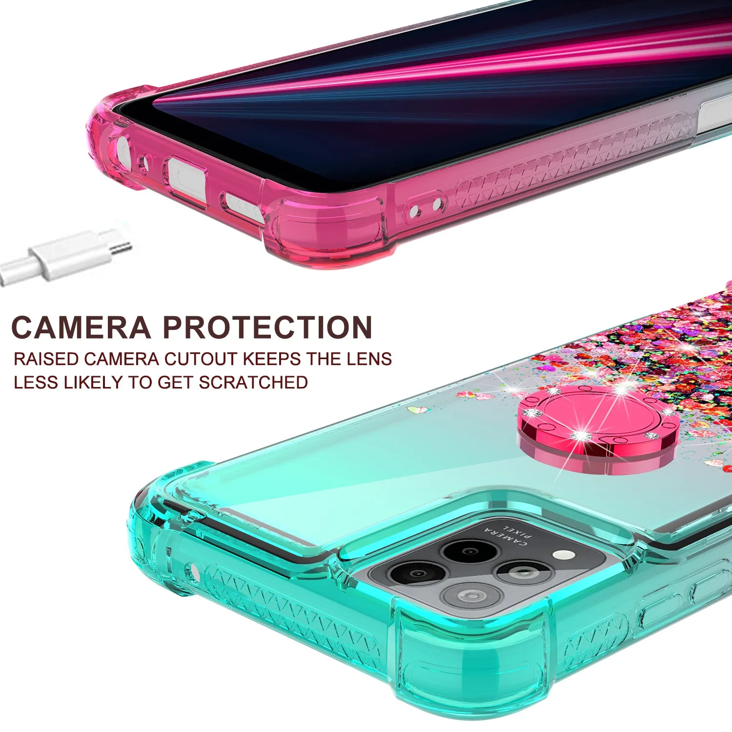 Glitter Phone Case Kickstand Compatible for T-Mobile Revvl 6 Pro 5G Case, Revvl 6 Pro 5G Case,Ring Stand Liquid Floating Quicksand Bling Sparkle Protective Girls Women for T-Mobile Revvl 6 Pro 5G W/Temper Glass - (Pink/Teal Gradient)