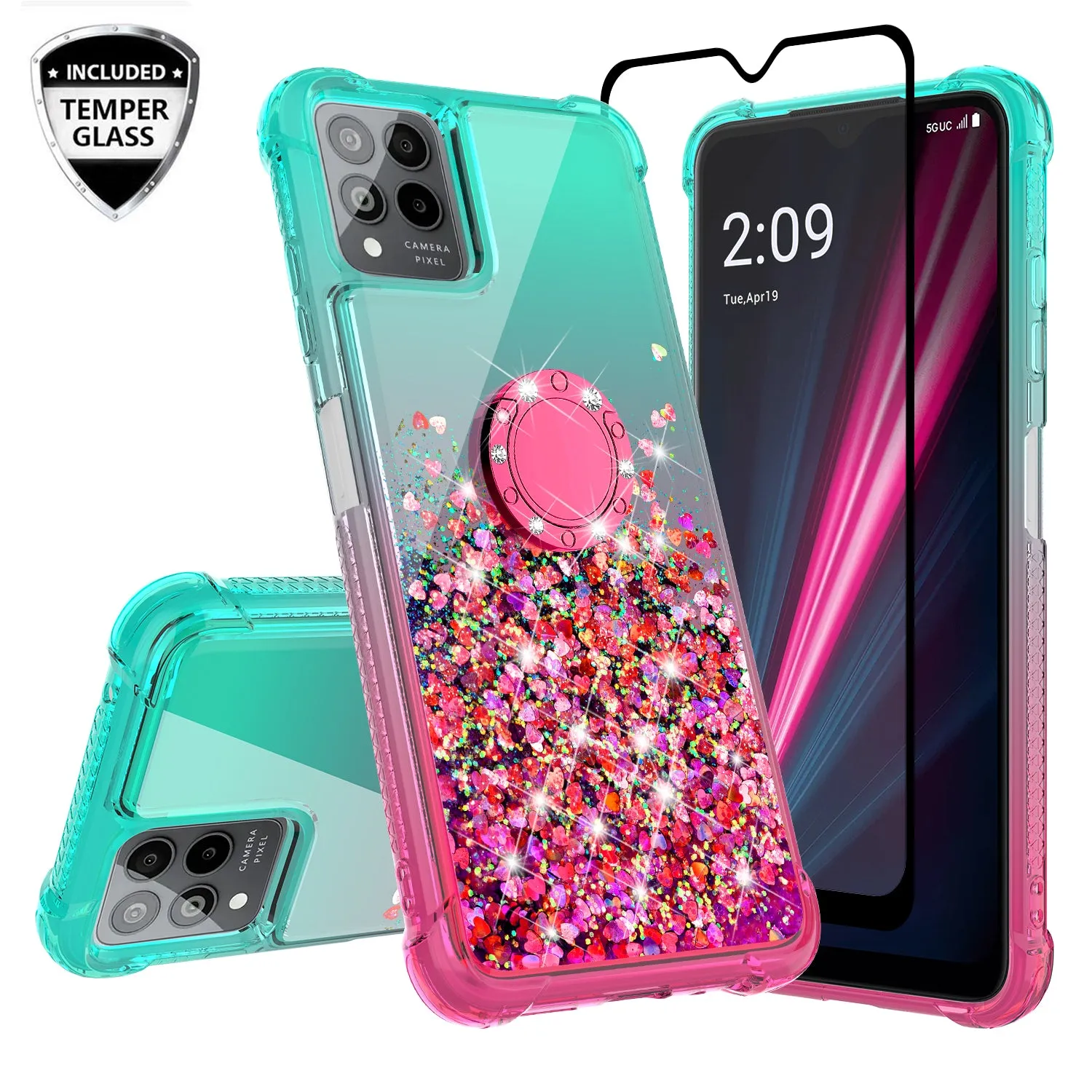 Glitter Phone Case Kickstand Compatible for T-Mobile Revvl 6 Pro 5G Case, Revvl 6 Pro 5G Case,Ring Stand Liquid Floating Quicksand Bling Sparkle Protective Girls Women for T-Mobile Revvl 6 Pro 5G W/Temper Glass - (Pink/Teal Gradient)