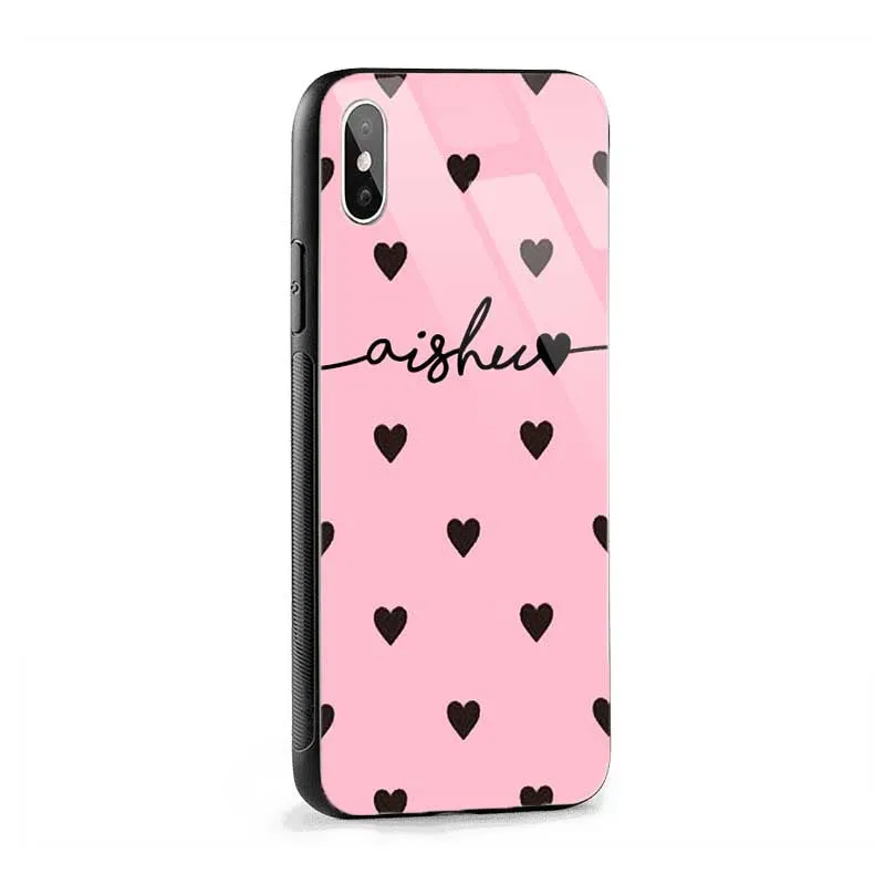 Glossy Protective Case With Pink Black Hearts Wave Name