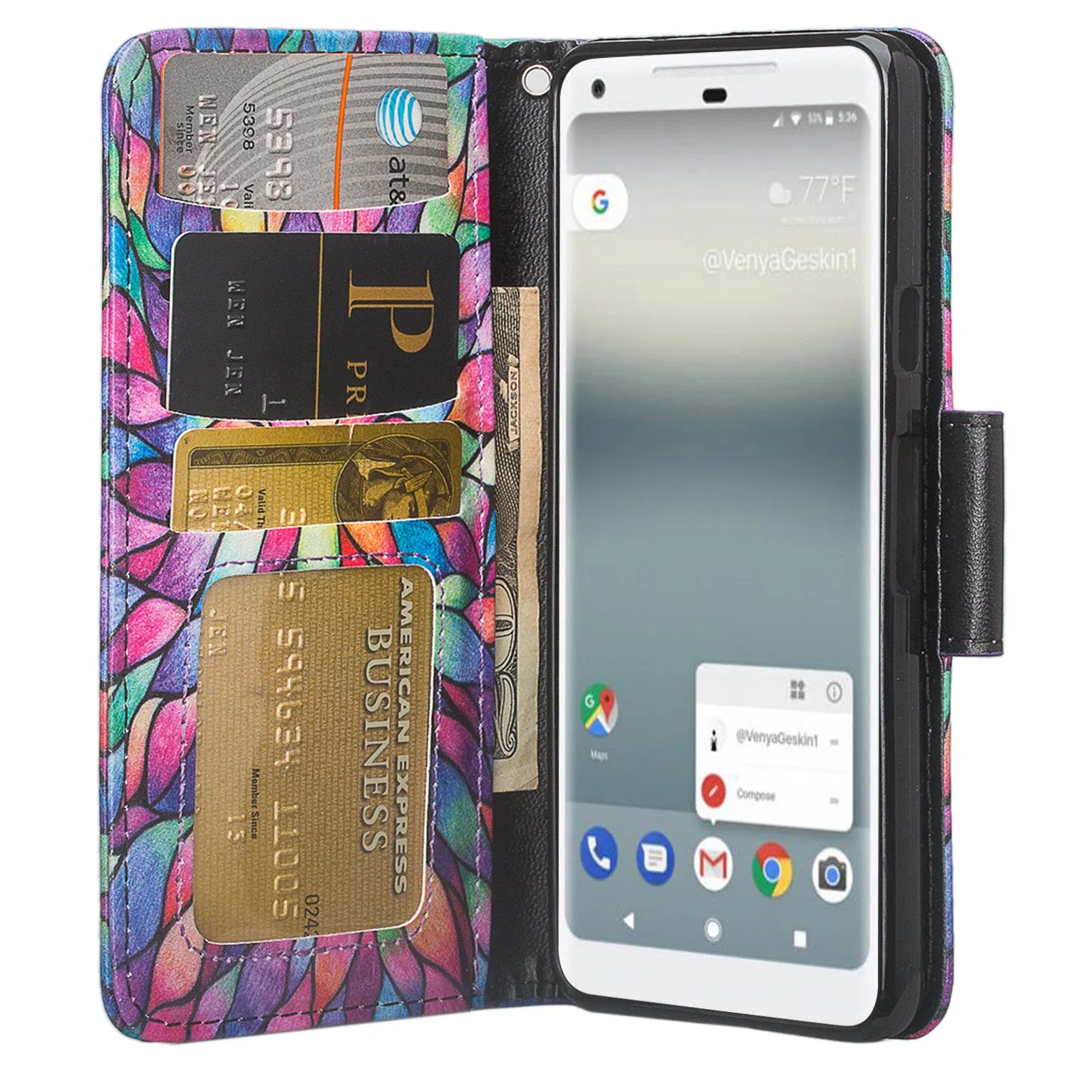 Google Pixel 2 Case, Pixel 2 Case, Slim Flip Folio [Kickstand] Pu Leather Wallet Case with ID & Card Slots & Pocket   Wrist Strap - Rainbow Flower