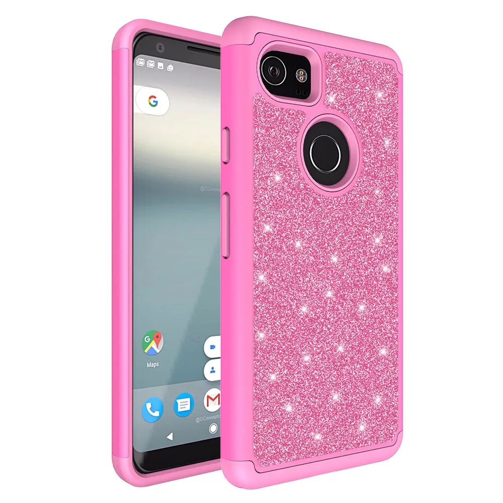 Google Pixel 2 XL Case, Pixel 2 XL Glitter Bling Heavy Duty Shock Proof Hybrid Case with [HD Screen Protector] Dual Layer Protective Phone Case Cover for Google Pixel 2 XL - Hot Pink