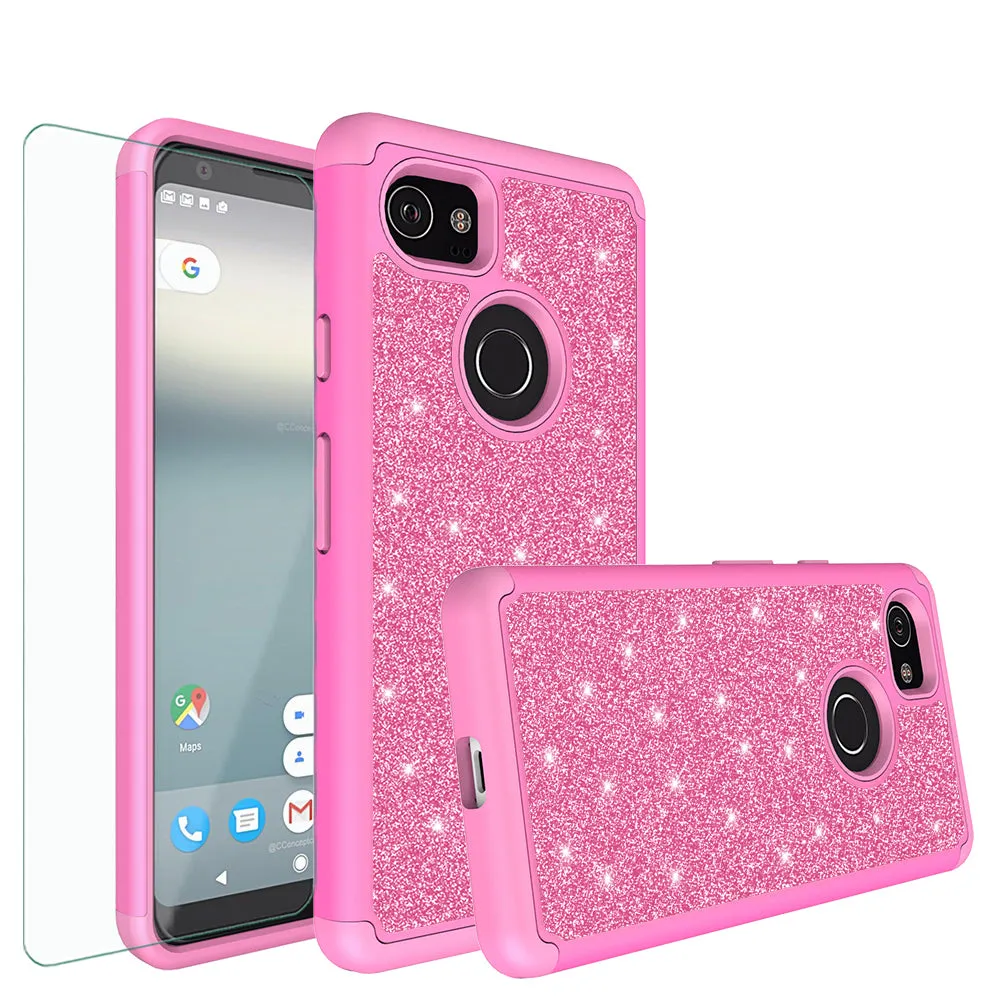 Google Pixel 2 XL Case, Pixel 2 XL Glitter Bling Heavy Duty Shock Proof Hybrid Case with [HD Screen Protector] Dual Layer Protective Phone Case Cover for Google Pixel 2 XL - Hot Pink