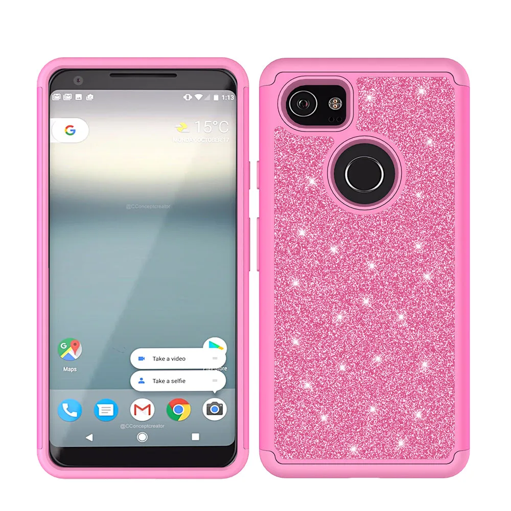 Google Pixel 2 XL Case, Pixel 2 XL Glitter Bling Heavy Duty Shock Proof Hybrid Case with [HD Screen Protector] Dual Layer Protective Phone Case Cover for Google Pixel 2 XL - Hot Pink