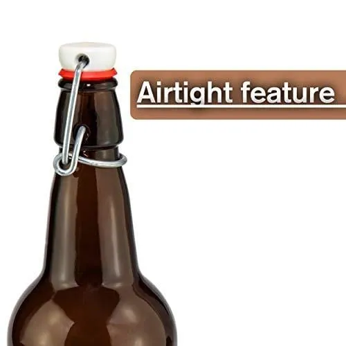 Home Brewing Glass Beer Bottle with Easy Wire Swing Cap & Airtight Rubber Seal | Amber | 16oz | Case of 12 | by Chef's Star