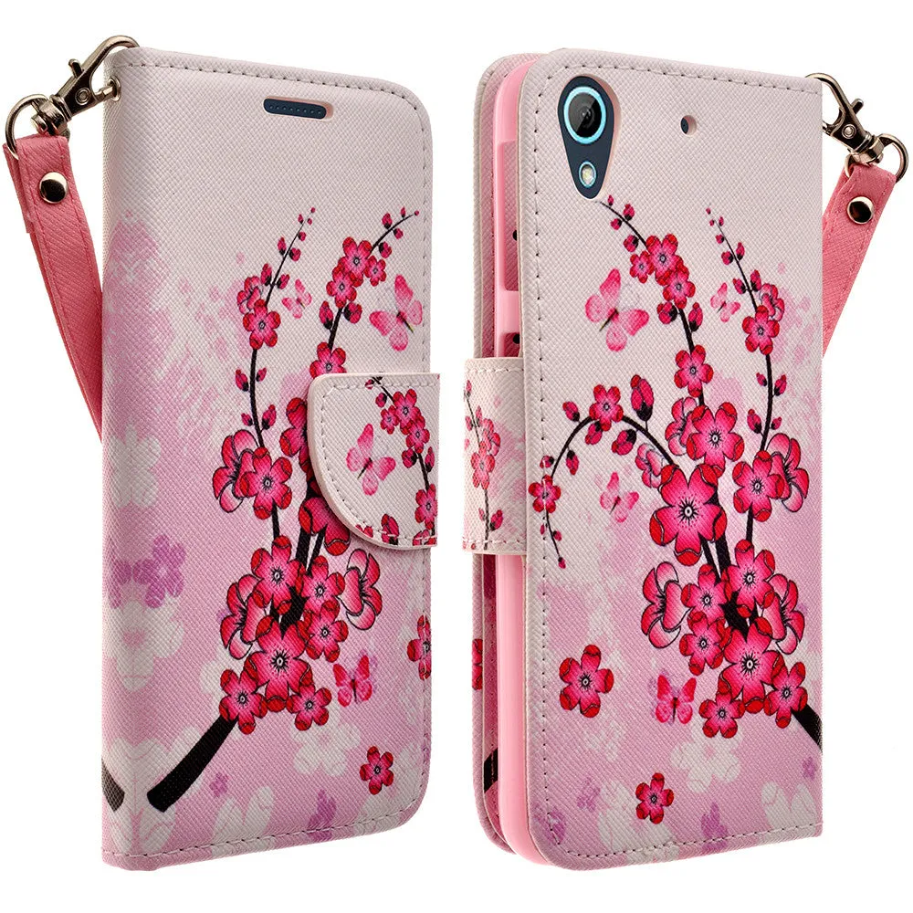 HTC Desire 626 Case, Wallet Case, Wrist Strap [Kickstand] Pu Leather Wallet Case with ID & Credit Card Slots - Cherry Blossom