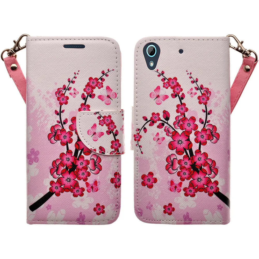 HTC Desire 626 Case, Wallet Case, Wrist Strap [Kickstand] Pu Leather Wallet Case with ID & Credit Card Slots - Cherry Blossom