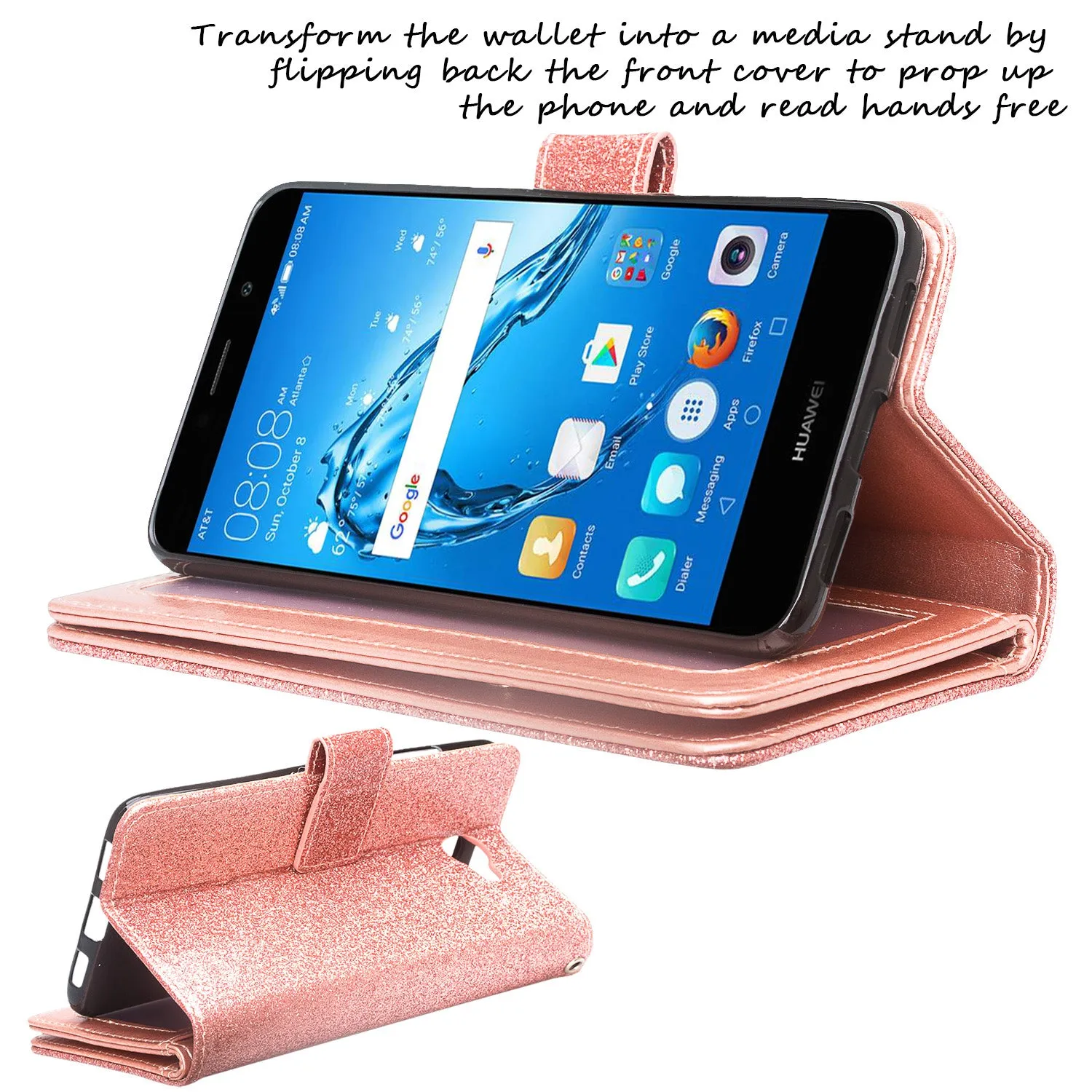 Huawei Ascend XT 2 Case, Elate 4G Case, H1711 Case, [Wrist Strap] Glitter Faux Leather Flip [Kickstand Feature] Wallet Cover Clutch - Rose Gold