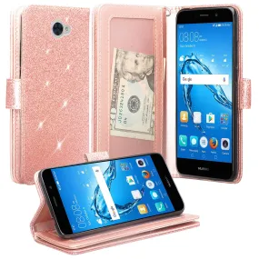 Huawei Ascend XT 2 Case, Elate 4G Case, H1711 Case, [Wrist Strap] Glitter Faux Leather Flip [Kickstand Feature] Wallet Cover Clutch - Rose Gold