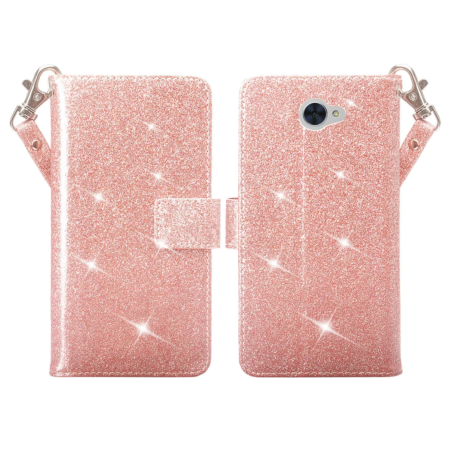 Huawei Ascend XT 2 Case, Elate 4G Case, H1711 Case, [Wrist Strap] Glitter Faux Leather Flip [Kickstand Feature] Wallet Cover Clutch - Rose Gold