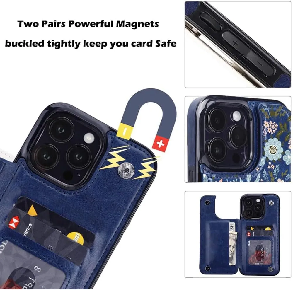 i Phone 16 Pro Max Leather Kickstand Double Magnetic Clasp RFID Blocking Design Cover 6.1 Inch