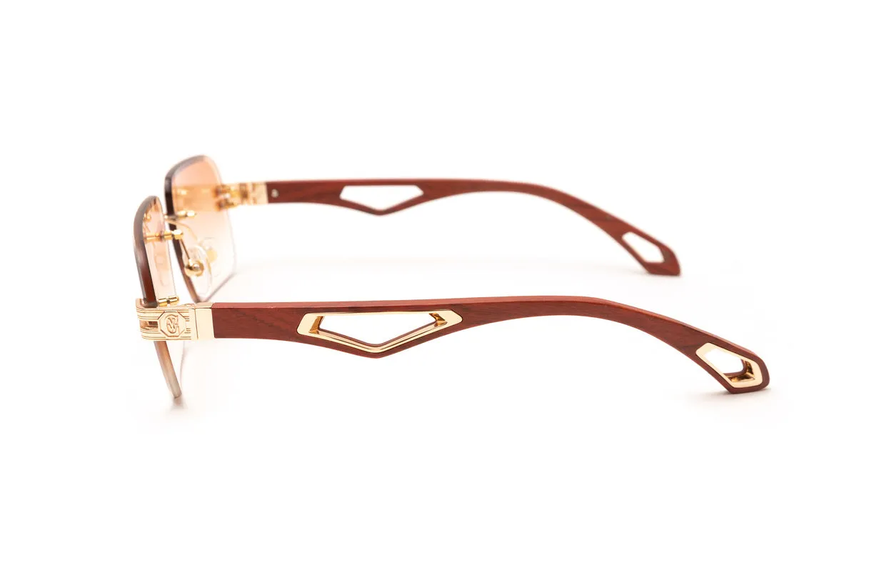 INFAMOUS 24KT Gold & Brown Wood Rimless Sunglasses, Gradient Brown Rectangular Lenses