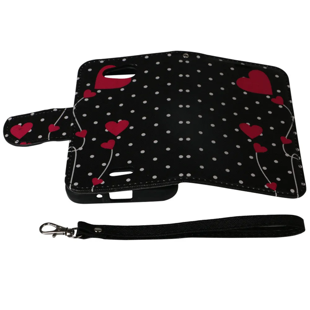 Kyocera Hydro Wave | C6740 Case, Wrist Strap Magnetic Flip Fold[Kickstand] Pu Leather Wallet Case with ID & Card Slots - Polka Dot Hearts