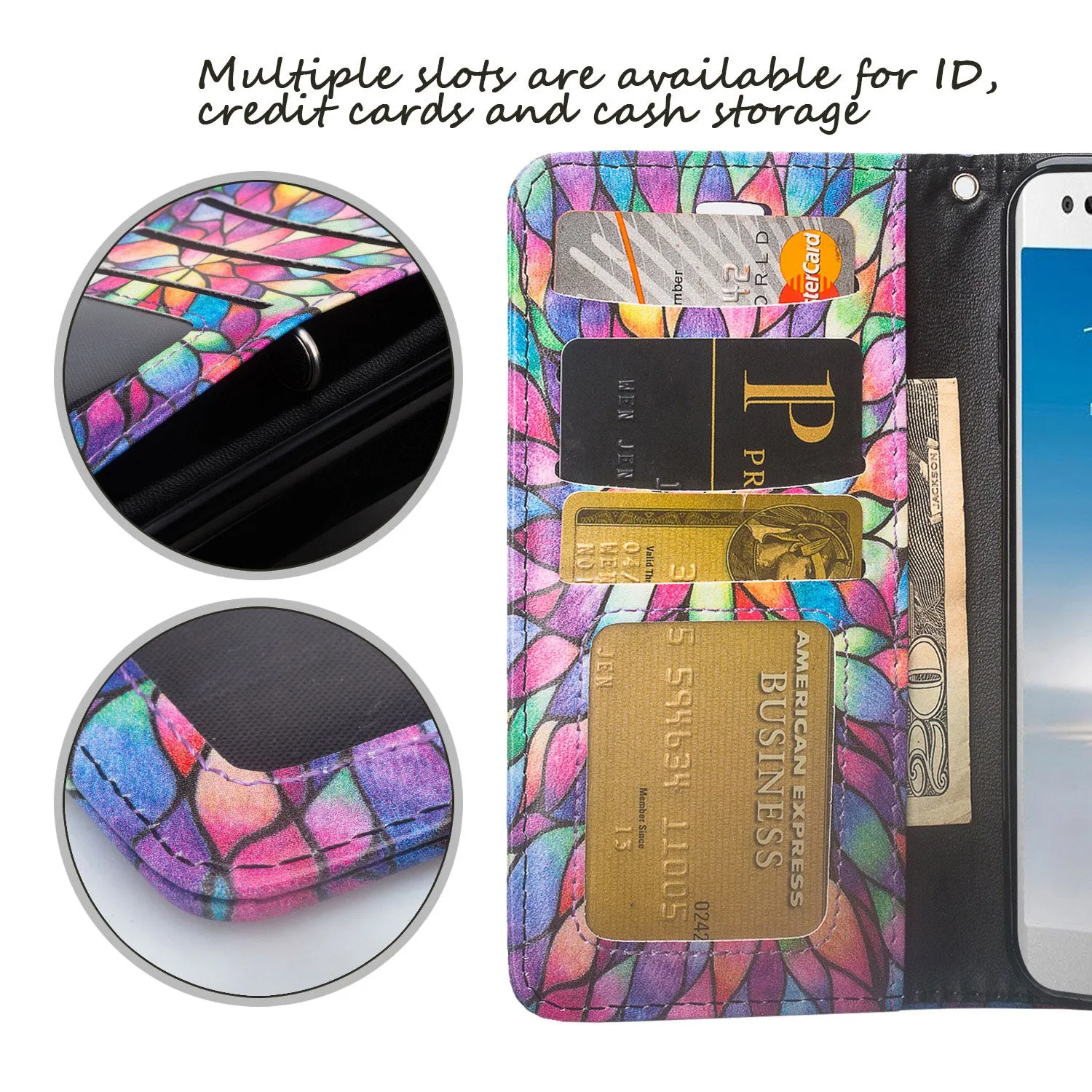 LG Aristo 2 Plus Case, Aristo 2, LG Tribute Dynasty, Rebel 3, Zone 4, Slim Flip Folio [Kickstand] Pu Leather Wallet Wristlet Cover Slots & Wrist Strap - Rainbow Flower