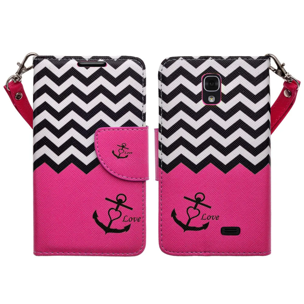 LG F70 Case, Wrist Strap Magnetic Flip Fold[Kickstand] Pu Leather Wallet Case with ID & Card Slots - Hot Pink Anchor