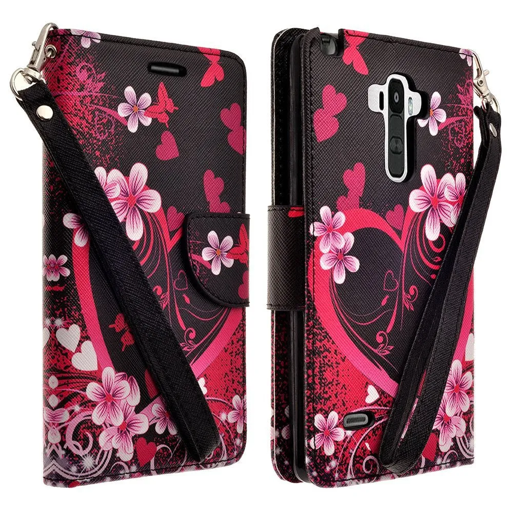 LG G Stylo Case, LG G Vista 2 Case, Wrist Strap Magnetic Flip Fold[Kickstand] Pu Leather Wallet Case with ID & Credit Card Slots for LG Vista2/Stylo - Heart Butterflies