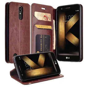 LG K10 (2018) Case, K30, Premier Pro, K10 Plus, Phoenix Plus, K10α, X4 Plus, X410, MS245, Slim Magnetic Flip Kickstand Leather Wallet Cover - Brown