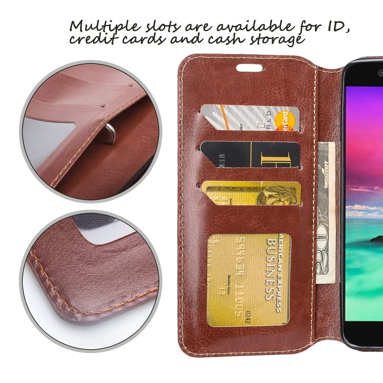 LG K10 (2018) Case, K30, Premier Pro, K10 Plus, Phoenix Plus, K10α, X4 Plus, X410, MS245, Slim Magnetic Flip Kickstand Leather Wallet Cover - Brown