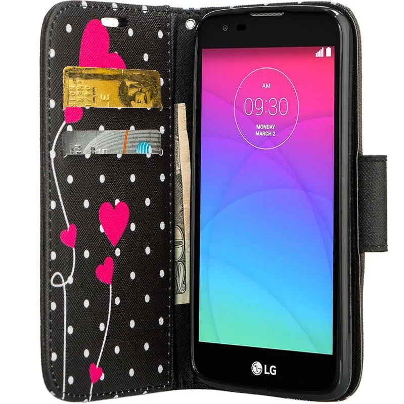 LG K10 / LG Premier LTE Case, Wrist Strap Magnetic Fold[Kickstand] Pu Leather Wallet Case with ID & Credit Card Slots - Polka Dot Hearts