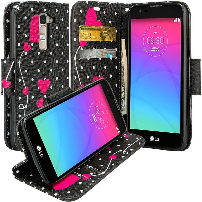 LG K10 / LG Premier LTE Case, Wrist Strap Magnetic Fold[Kickstand] Pu Leather Wallet Case with ID & Credit Card Slots - Polka Dot Hearts