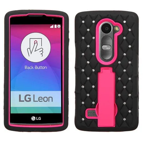 LG Leon LTE Case | Lg Tribute 2 Case | LG Power | LG Sunset | LG Destiny | LG Risio Case, Heavy Duty Armor Diamond Rhinestone Hybrid Case with Kickstand - Black/Hot Pink