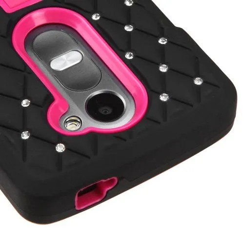 LG Leon LTE Case | Lg Tribute 2 Case | LG Power | LG Sunset | LG Destiny | LG Risio Case, Heavy Duty Armor Diamond Rhinestone Hybrid Case with Kickstand - Black/Hot Pink