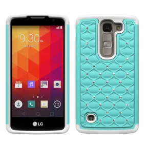 LG Spirit Rhinestone Case , Slim Hybrid Dual Layer[Shock Resistant] Crystal Rhinestone Studded Case Cover - Baby Teal/White