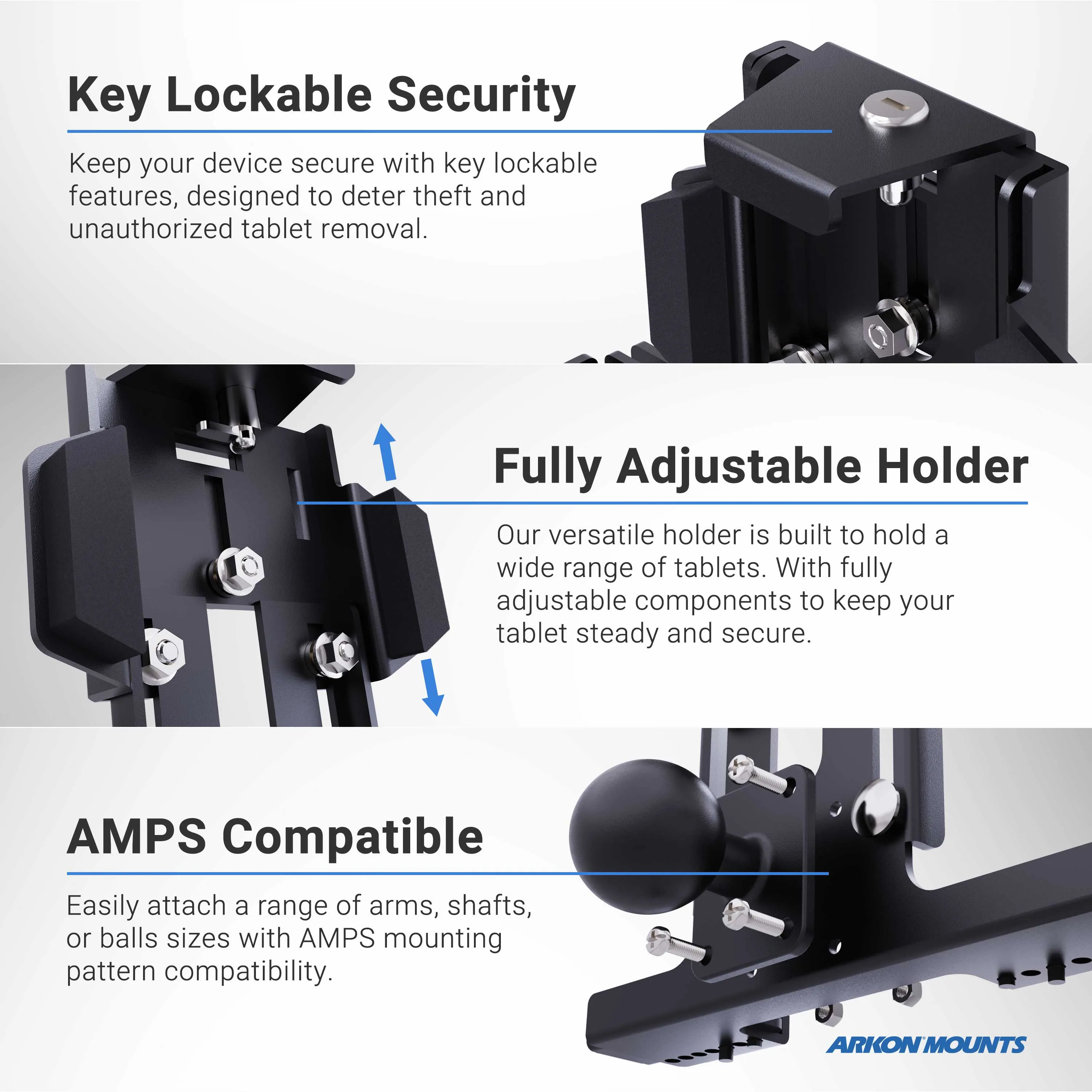 LockVise™ Metal Locking Tablet Mount with Drill Base Mount and Magnetic USB-C Charge Cable for Commercial and Enterprise