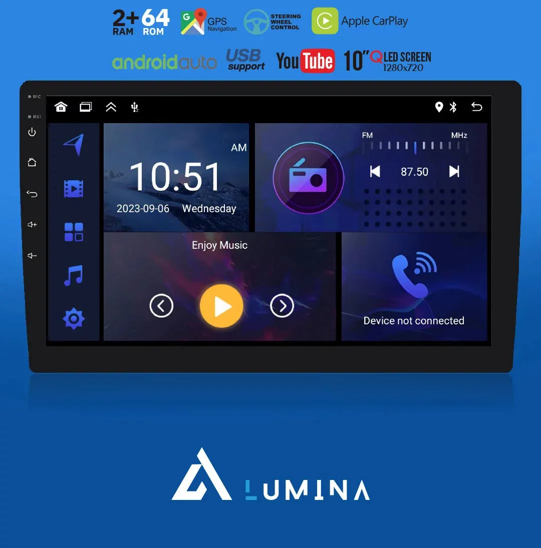 Lumina LA1001BT 10" Carplay, Android Auto, USB Double Din Radio