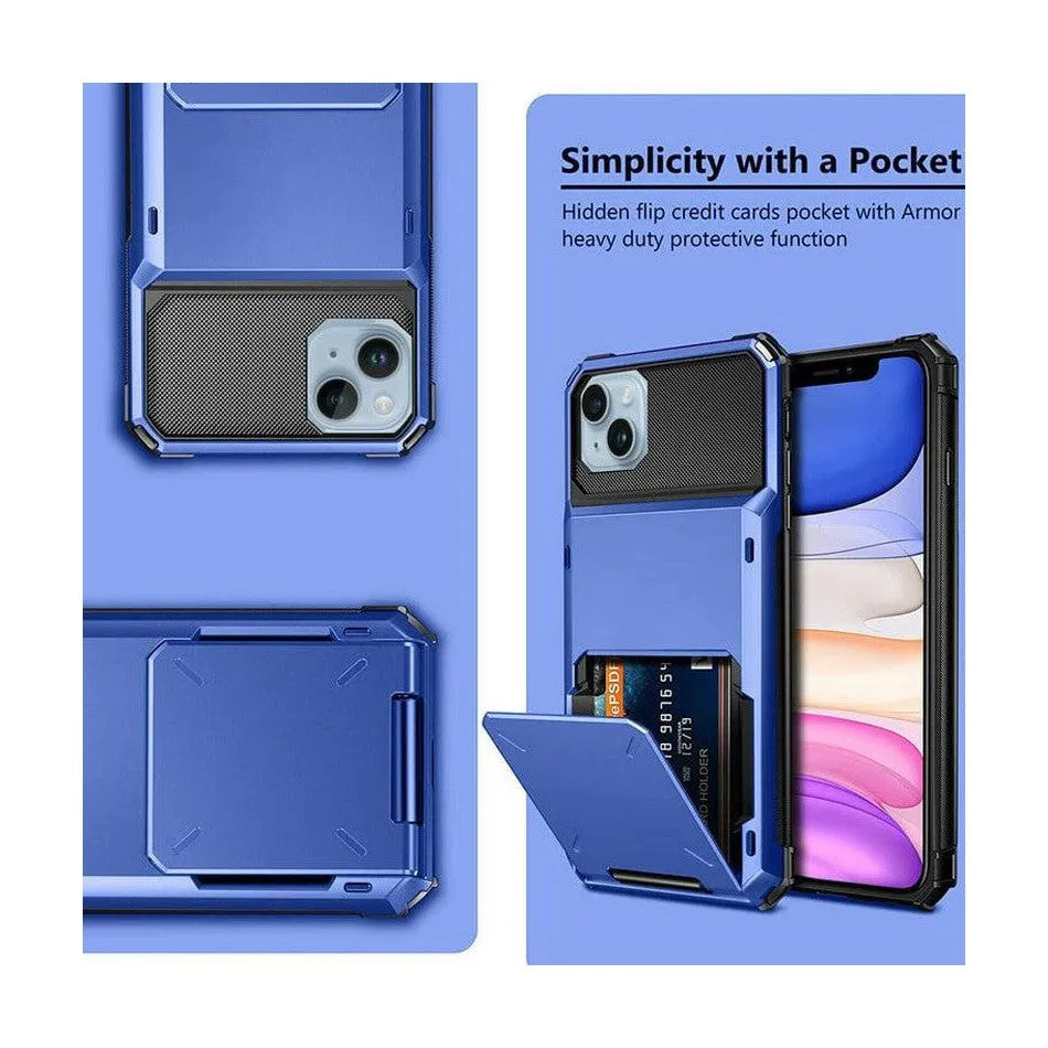 Luxurious Hard Rugged Case w/- Card Slots for iPhone 13 - Blue