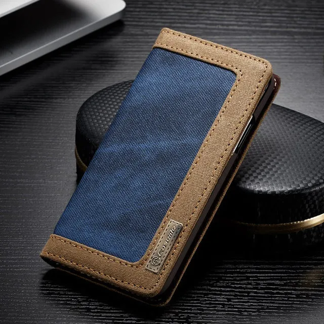 Luxury Magnetic Denim Canvas Wallet Case for iPhone X Cover with Card Holder - Black,Blue,Brown,Pink