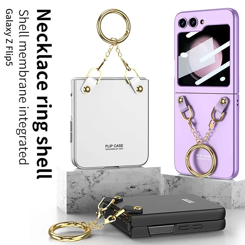 Luxury Necklace Ring Holder Phone Case With Back Screen Protector For Samsung Galaxy Z Flip 5