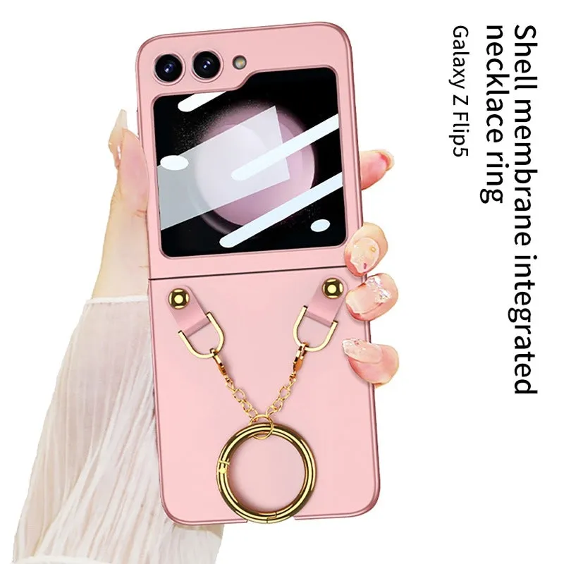 Luxury Necklace Ring Holder Phone Case With Back Screen Protector For Samsung Galaxy Z Flip 5