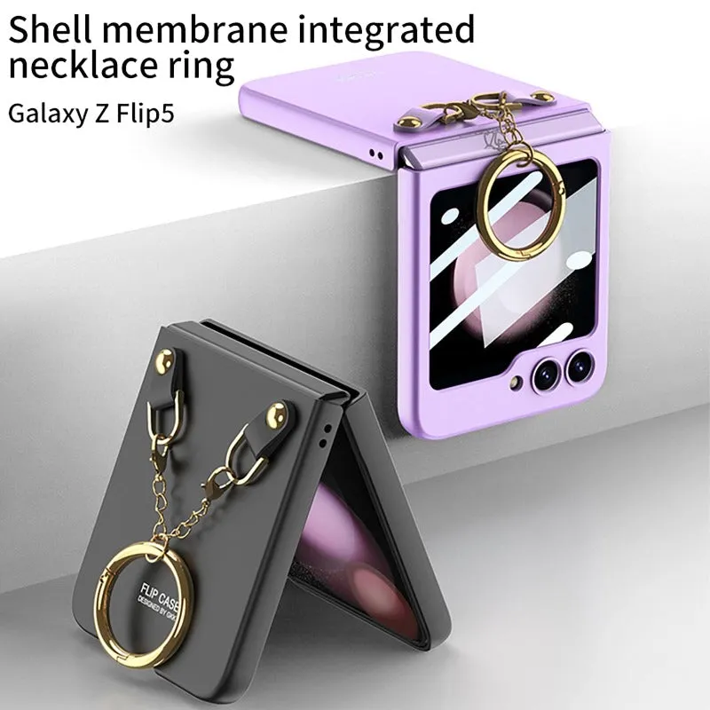 Luxury Necklace Ring Holder Phone Case With Back Screen Protector For Samsung Galaxy Z Flip 5