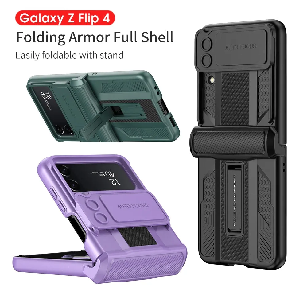 Magnetic Hinge Hard Armor Shock-proof Slide Lens Phone Case With Bracket  For Samsung Galaxy Z Flip4