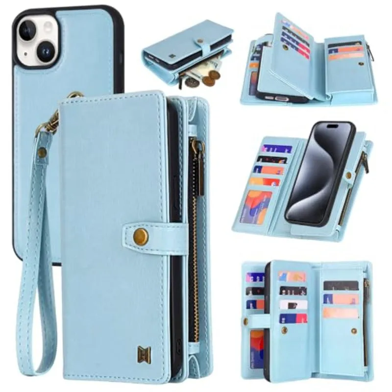 Magnetic Removable Faux Leather Flip Phone Case For Lanyard Strap Wristlet For iPhone